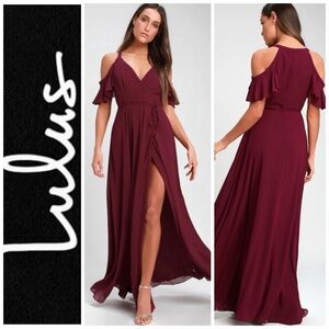 NWT - Lulu’s Easy Listening Burgundy Cold-Shoulder Wrap Maxi Dress Medium